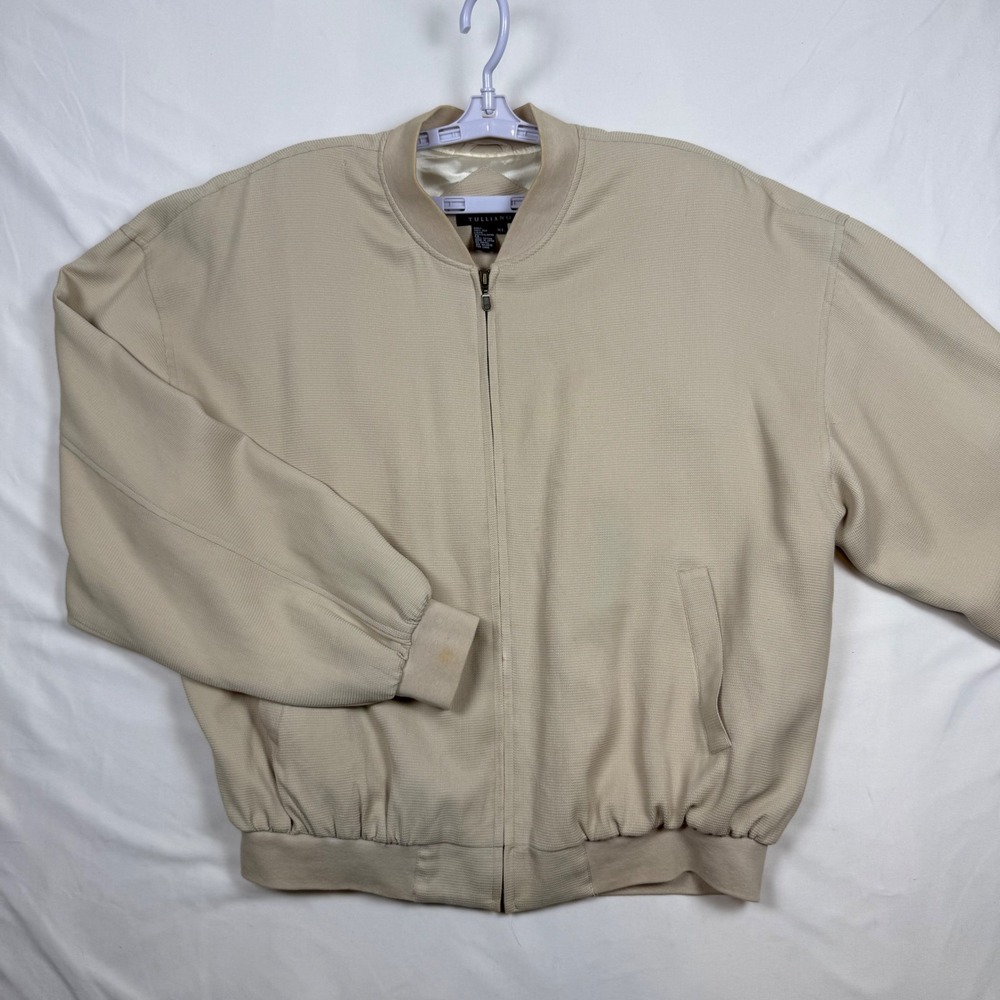 Tulliano Mens XL Beige 100% Silk Woven Full Zip Bomber Jacket Tan Textured READ